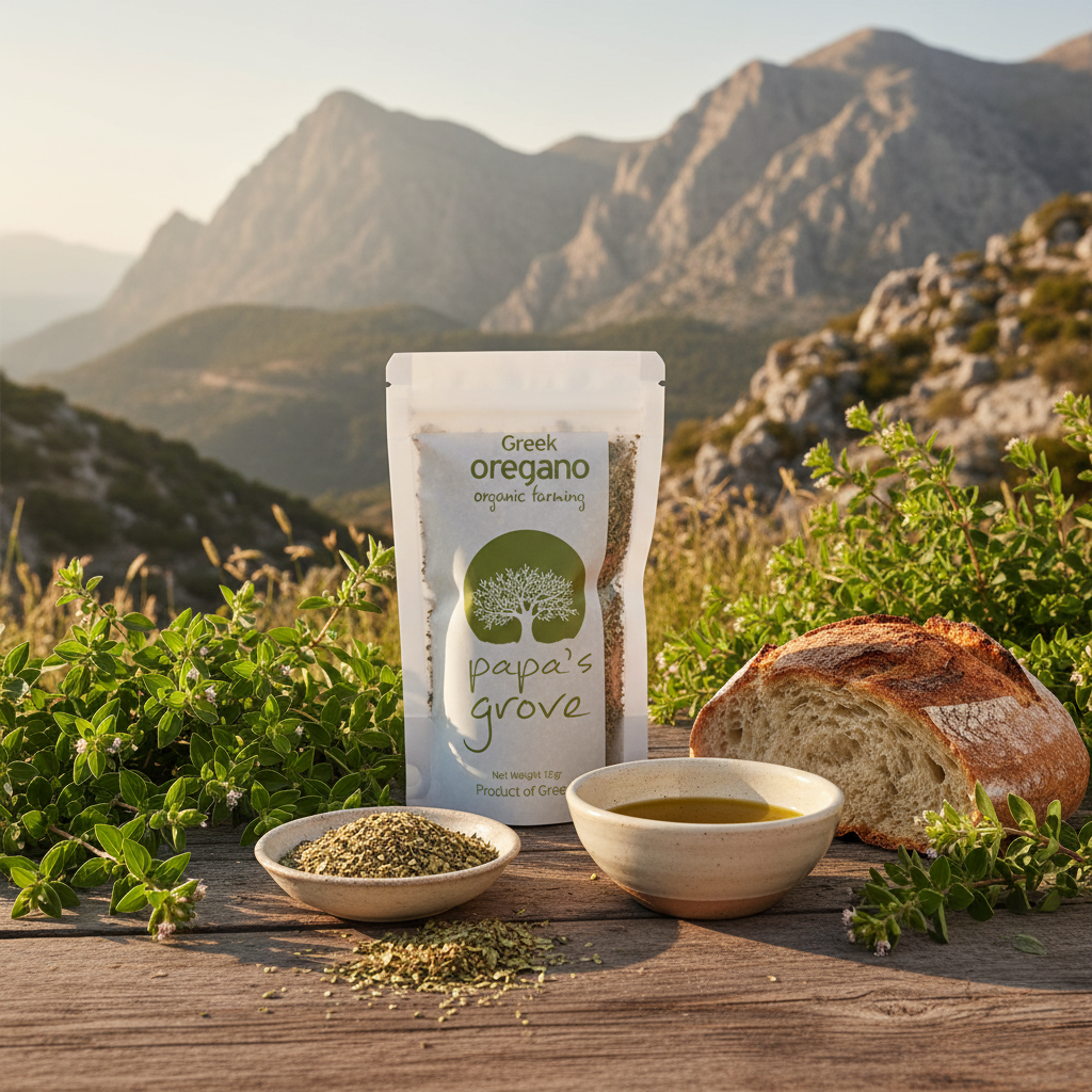 A stand-up pouch of Greek oregano herb packaging stands on a wooden table outdoors, with mountains in the background. In front of the package are small bowls and loose herb, alongside a sliced loaf of rustic bread and fresh oregano leaves.
