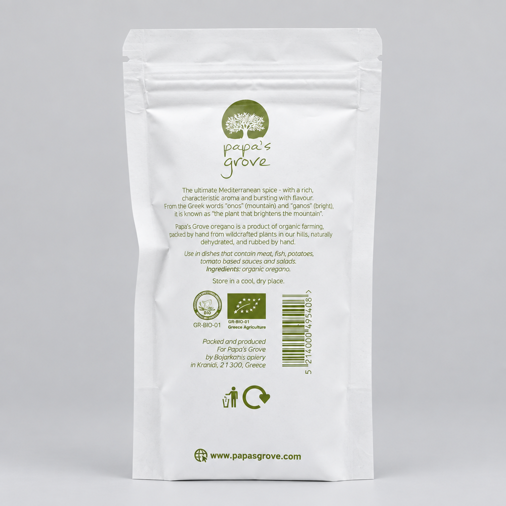 A white stand-up pouch of Papa's Grove organic olive oil, showing the back side with product details, ingredients, and a barcode on a light gray background.